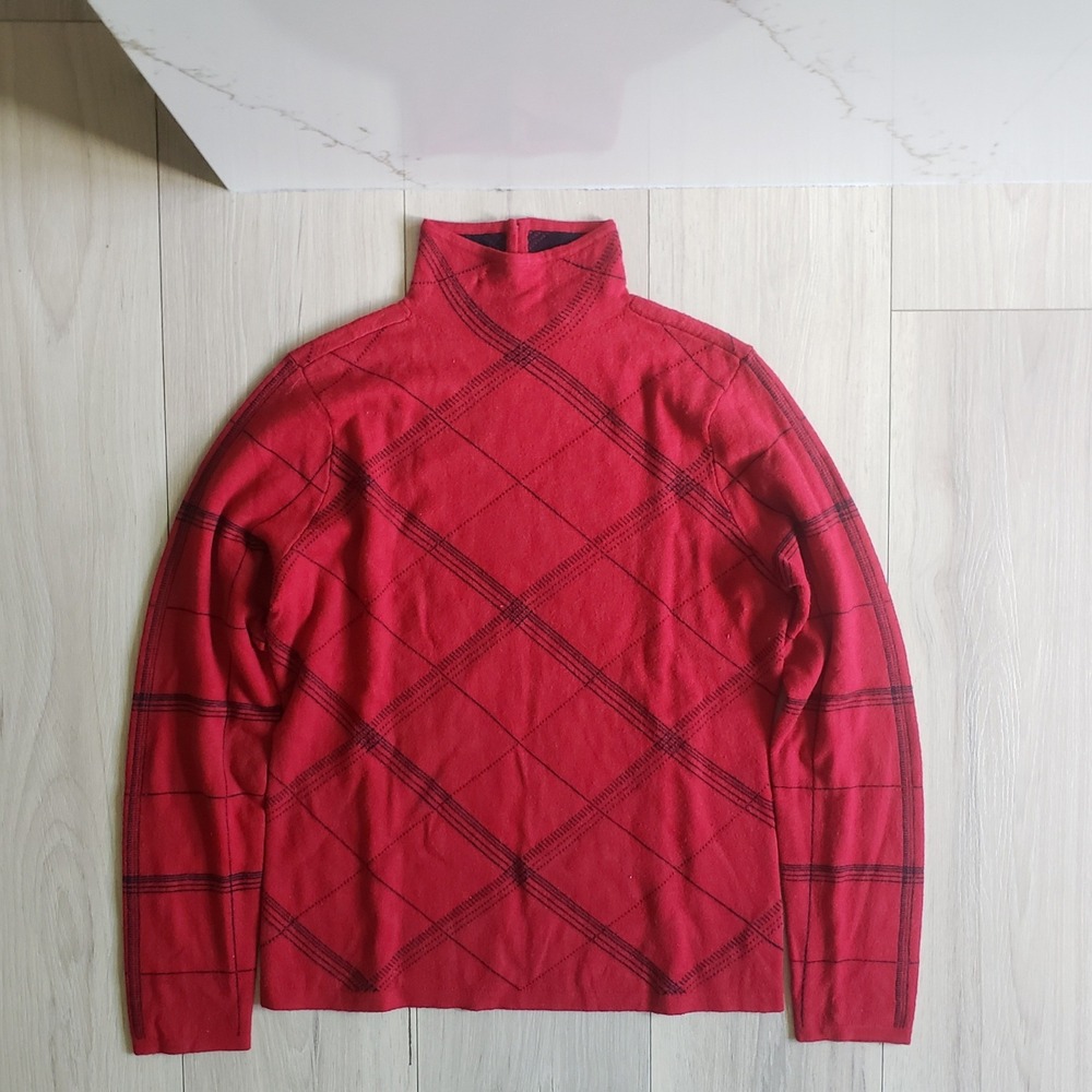 Ralph Lauren Wool Sweater Womens Large Red Argyle Plaid Mock Neck Knit